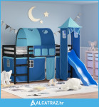 Dječji krevet na kat s tornjem plavi 80x200 cm masivna borovina - NOVO