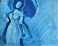 plava gospa pod plavim kišobranom - ulje na kartonu