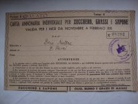 CARTA ANNONARIA INDIVIDUALE PER ZUCCHERO,PANE E SAPONE 1943.XXI/5K