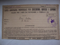 CARTA ANNONARIA INDIVIDUALE PER ZUCCHERO,PANE E SAPONE 1943.XXI/5K