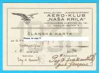 NAŠA KRILA Kraljevski Jugoslovenski Aero-klub - članska karta iz 1938.