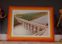 Akvarel - potpisani pejzaž s mostom u ostakljenom ramu