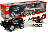 Set vozila Monster Truck s bagerom na prikolici crno - crveni