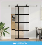 Klizna vrata s priborom crna 90 x 205 cm kaljeno staklo - NOVO