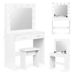 ModernHome Kozmetički Stol s LED Ogledalom i Tabureom – 2 Ladice, Bije