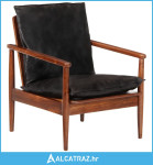 Fotelja crna od prave kože i masivnog bagremovog drva - NOVO