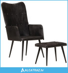 Fotelja od prave kože s krilnim naslonom i tabureom crna - NOVO