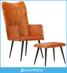 Fotelja od prave kože s krilnim naslonom i tabureom smeđa - NOVO