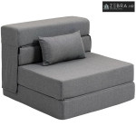Podna sofa, tapecirana sofa, pretvara se u madrac, pjena, jastuci, siv