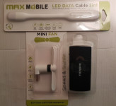 Led Data kabel 3u1, USB-micro USB  fan, Duracell mini powerbank 1,15Ah
