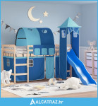 Dječji krevet na kat s tornjem plavi 90x200 cm masivna borovina - NOVO