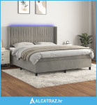 Krevet box spring s madracem LED svjetlosivi 160x200 cm baršun - NOVO