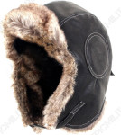 Black Airman Leather Ushanka - Winter Russian Hat Ski