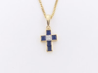 ZLATNI PRIVJESAK KRIŽ SAFIRI 14K (585) 1,08g NOVO • GOLD SHOP •