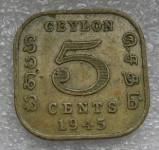 CEYLON 5 CENTS 1945