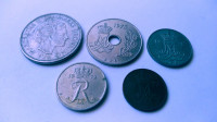 Danmark set starih kovanica 5, 10(2), 25 ore & 1 krone