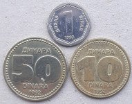 Jugoslavija 1 din.,1993.;10 i 50 din.,1992.g.