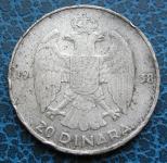 KINGDOM OF YUGOSLAVIA 20 DINARA 1938 Silver