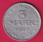 NJEMAČKA REICH 3 MARK 1922 J  - 1822