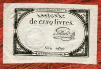 France ASSIGNAT FRENCH REVOLUTION 5 sols livres 1793 ( No105) NICE QUA