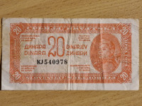 Stara novčanica 20 partizanskih dinara DFJ partizan 1943. / 1944.