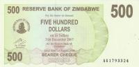 ZIMBABWE 500  DOLLARS 2007