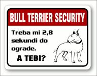 Tablica "BullTerrier security" Treba mi 2,8 sekundi do ograde. A tebi?