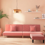 Dvosjed na razvlačenje 2 jastuka i tabure ružičasti baršunasti - NOVO