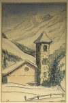 Akvarel - Crkva St. Maria - Ponresina - Švicarska - 33x23cm