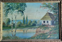 breza uz jezero - ulje na kartonu