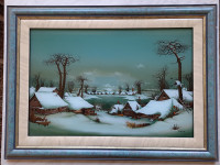 Drago Takač "Selo zimi" Ulje na staklu 40×60cm; 1992.