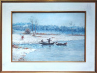 DRAGUTIN SCHNUR,AK.SL.,ULJE NA PLATNU,1928 G,"ZIMSKA IDILA",52/39 CM