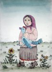 Josip Generalić "Žena s pticom"bakropis/akvarel 40x27cm 1975