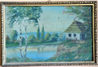 kuća uz jezero - ulje na kartonu