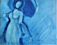 plava gospa pod plavim kišobranom - ulje na kartonu