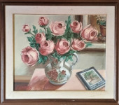 ruže na stolu - ulje na šperploči