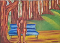 sama na plavoj klupi - ulje na platnu