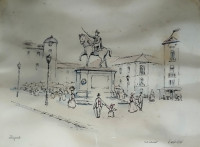 Šimek - tuš / akvarel - Zagreb - Trg Bana Jelačića - 27x22cm