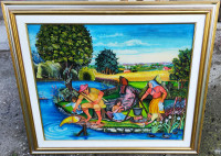 Slavko Dukić "Piknik na Dravi" ulje na staklu 60x50cm 1999.g.