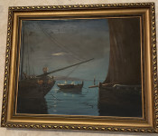 slika brodovi ulje na platnu 60x56cm,okvir s pozlatom