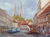 Umjetnička slika Zagreb - katedrala i tramvaj