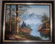 Uokvirena potpisana slika ulje na platnu pejzaž jezero L W 23 x 26 cm