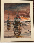 Vinko Maržić – Ulje na platnu, brodovi u zalazu sunca (špahtla)