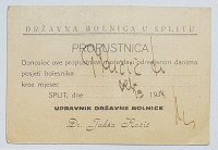 PROPUSNICA ZA POSJET DRŽAVNA BOLNICA U SPLITU 1934. god.