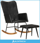 Stolica za ljuljanje s osloncem za noge crna od prave kože - NOVO