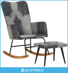 Stolica za ljuljanje s osloncem za noge siva od prave kože - NOVO