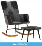 Stolica za ljuljanje s tabureom crna od prave kože i platna - NOVO