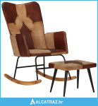 Stolica za ljuljanje s tabureom smeđa od prave kože i platna - NOVO