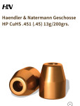 250 kom. H&N zrna slug  .45  (.451) HP  13g / 200gr