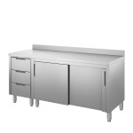 Inox radni stol s 3 ladice i sa kliznim vratima 1400x600x850 mm,R-1